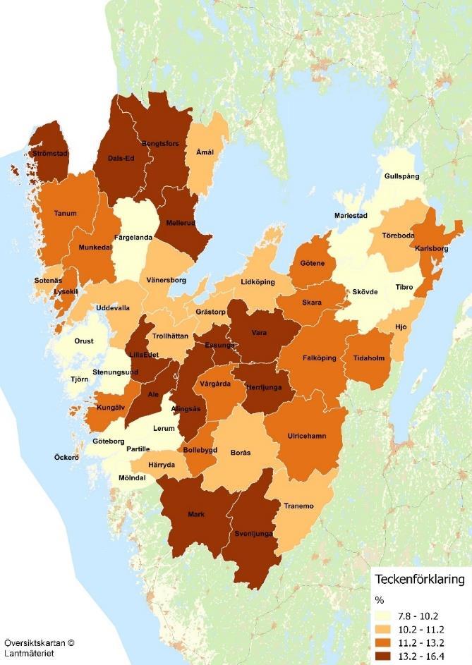 24 Figur 11 Andelen av befolkningen 18-24 år utan gymnasiekompetens och som inte studerar per kommun 2013. Källa: SCB.