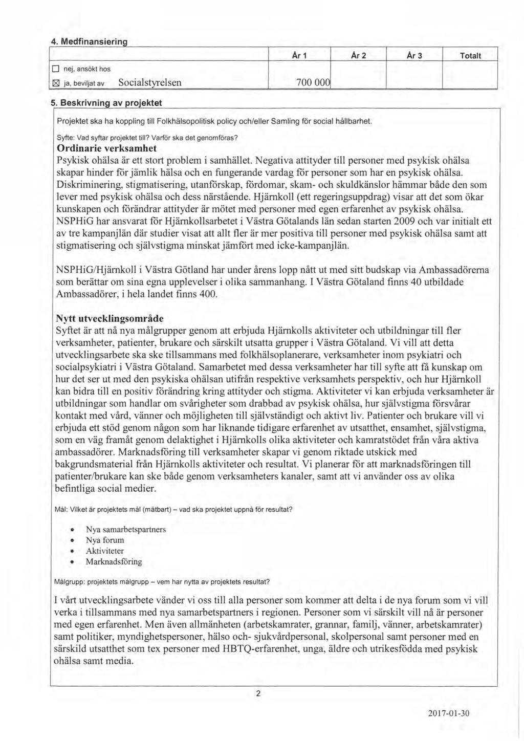 ojektstöd - Hjärnkoll i Västra Götaland - FHK 2017-00036-4 Ansökan om projektstöd - Hjärnkoll i Västra Götaland : Ansökan om projektstöd - Utvecklingsprojekt nya forum för att minska stigma kring