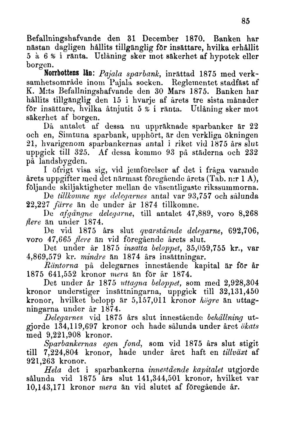 Befallningshafvande den 31 December 1870. Banken har nästan dagligen hållits tillgänglig för insättare, hvilka erhållit 5 à 6 % i ränta. Utlåning sker mot säkerhet af hypotek eller borgen.