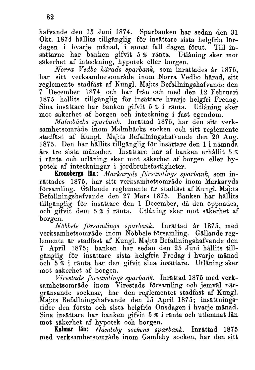82 hafvande den 13 Juni 1874. Sparbanken har sedan den 31 Okt. 1874 hållits tillgänglig för insättare sista helgfria lördagen i hvarje månad, i annat fall dagen förut.