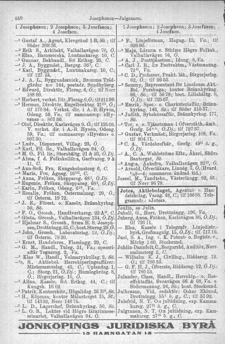 O.Dj., 550 l Josephsson; Josephsson-c-Julgraneu. 1 2 Josephson; 3 Josefsson j 1 Josephsson; 2 J osephson: 3 J osefsson:, 4 Josefson. 4 Josefson.. _2 Gustaf Klevgränd A." Agent, 1 B, Sö.; _8 F tlf.
