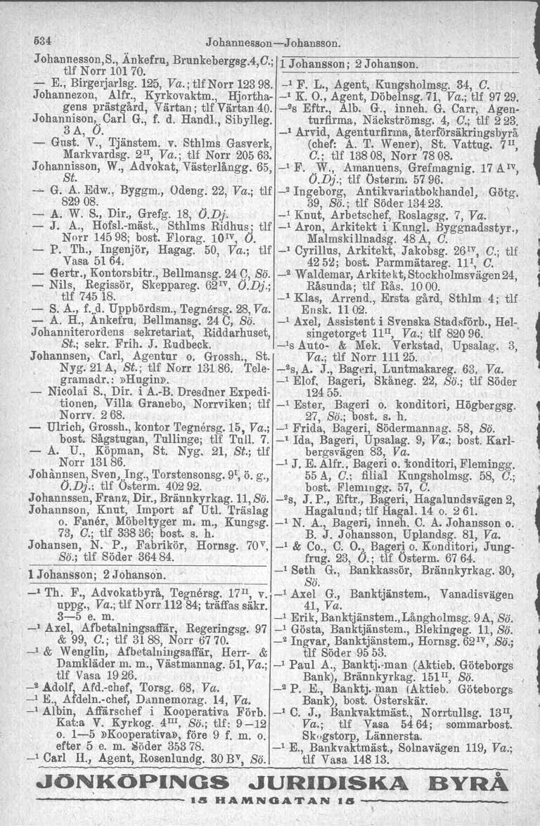 634 - Johannesson-Johansson. Johannesson,S., Änkefru, Brunkebergsg.4,0.; 1 Johansson; 2 Johanson., tlf Norr 101 70. -----. ----------- - K, Birgerjarlsg. 125, Va.; tlf Norr 12398. _1 F. L.