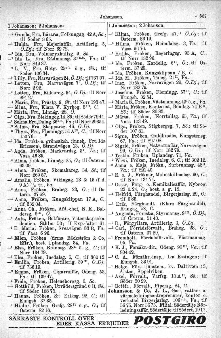 1 Johansson; ZJohanson Johansson.,l Johansson; 2 Johanson. # 537 _2 Gunda.Fru, Lärar:a, Folkungag. 42A,Sö.; _2 Hilma, Fröken, Grefg. 47,11 O.D}.; tlf tlf Söder 3 65. Österm. 8619.