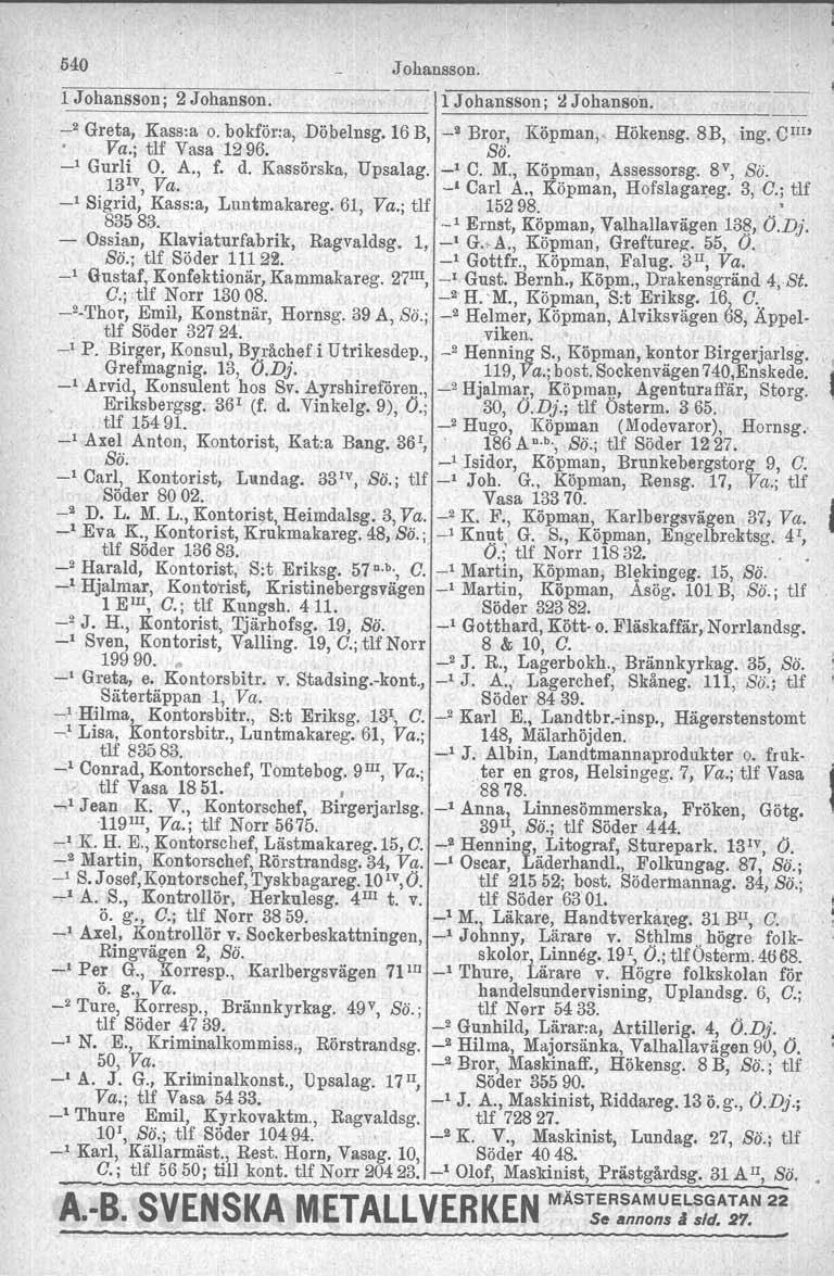 540 Johansson. 1 Johansson; 2 Johanson. l Johansson; 2 Johanso n. I -' Greta, Kassia o. bokför:a, Döbelnsg.16 B, _2 Bror, Köpman, Hökensg.8B, ing. CIIU Va.; tlf Vasa 1296. Sö. _1 Gurli O. A., f. d.