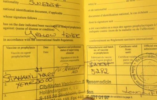 Figur 2. Vaccinationsbok med stämpel Ankomst Jag landade i Bogotá den 15e januari och kursstart var den 23e januari.