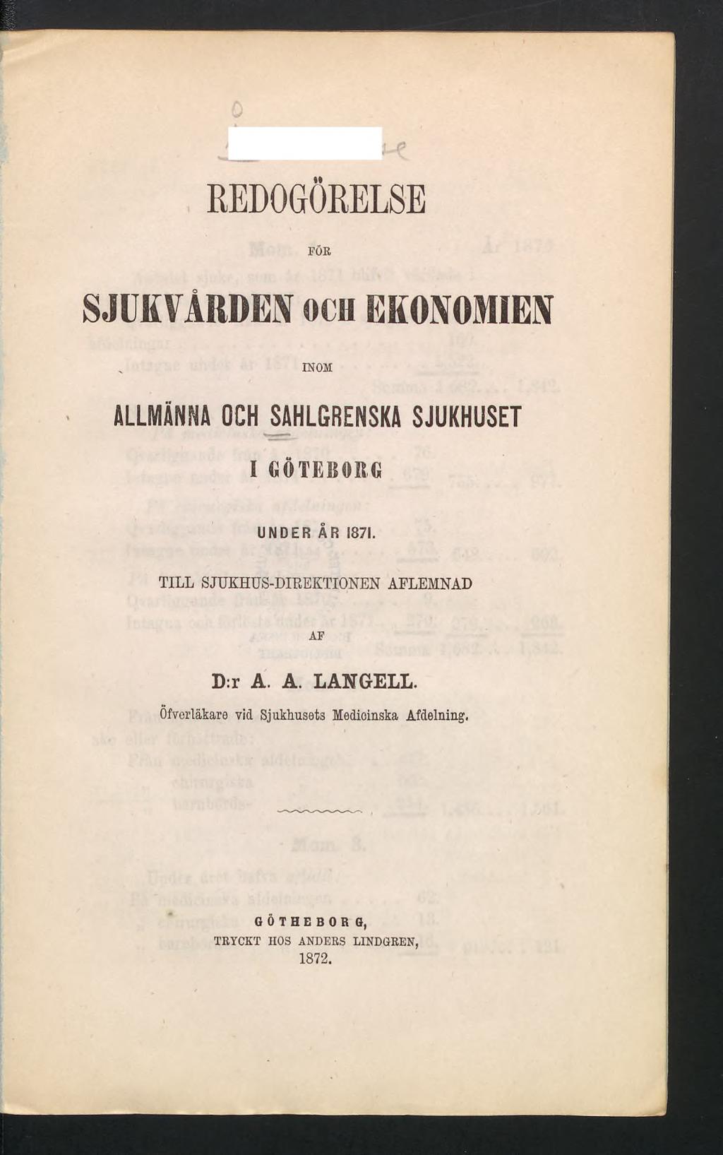 AvüU*vji REDOGÖRELSE FÖR SJUKVÅRDEN och EKONOMIEN INOM ALLMÄNNA OCH SAHLGRENSKA SJUKHUSET l GÖTEBORG UNDER ÅR 1871.