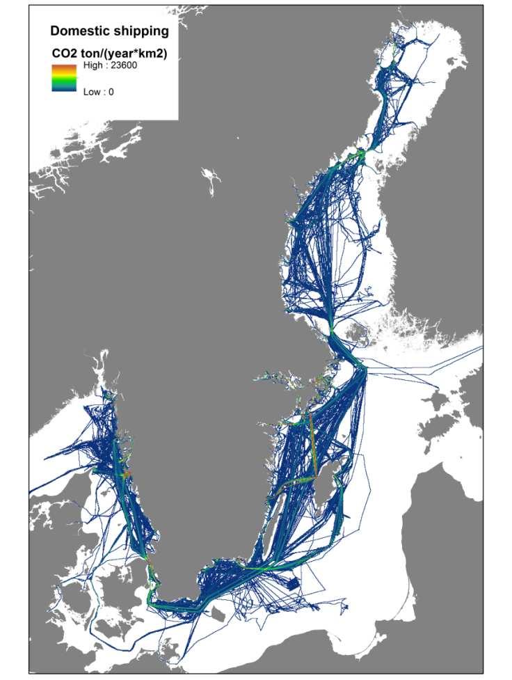 Figur 8. Fördelning av inrikes sjöfart över Östersjön.
