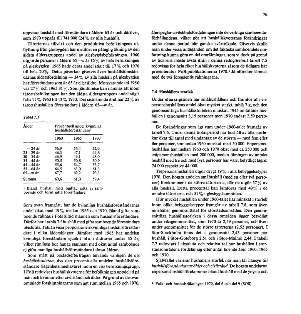 76 uppvisar hushåll med föreståndare i åldern 65 år och däröver, som 1970 uppgår till 741 000 (24% av alla hushåll).