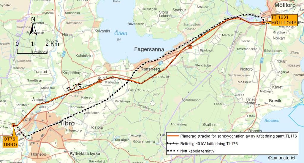 3 BESKRIVNING AV STRÄCKNINGSFÖRSLAG FÖR NY LEDNING 3.1 Beskrivning av sträckning för ny luftledning (förordat alternativ) Ledningsalternativet är sammanlagt ca 20 km långt.