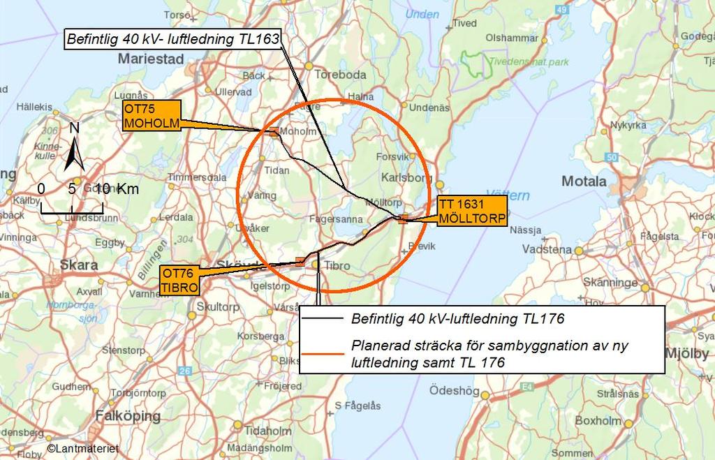 1 INLEDNING 1.1 Bakgrund Vattenfall Eldistribution AB (Vattenfall) har för avsikt att bygga en ny 40 kv- ledning mellan ställverken OT76 i Tibro och TT1631 i Mölltorp, se Figur 1.