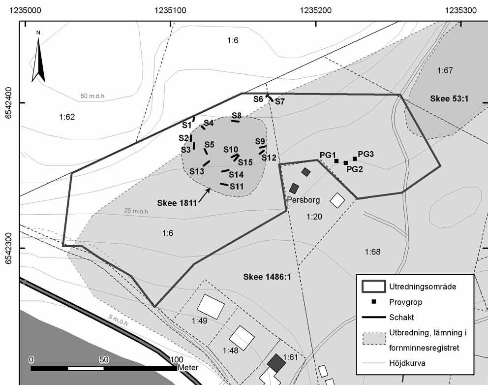 10 Bohusläns museum Rapport 2010:47 Figur 4. Kartan visar de schakt och provgropar som grävdes i delområde 1 samt utbredningen av fornlämningen Skee 1811markerad utifrån en topografisk bestämning.