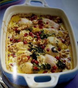 Jannes Matsida Kycklinggratäng med spenat och ädelost (4 portioner) Ingredienser: 1 msk smör 200 g spenat ½ purjolök 2dl grädde 1 msk kycklingfond, salt och svartpeppar.