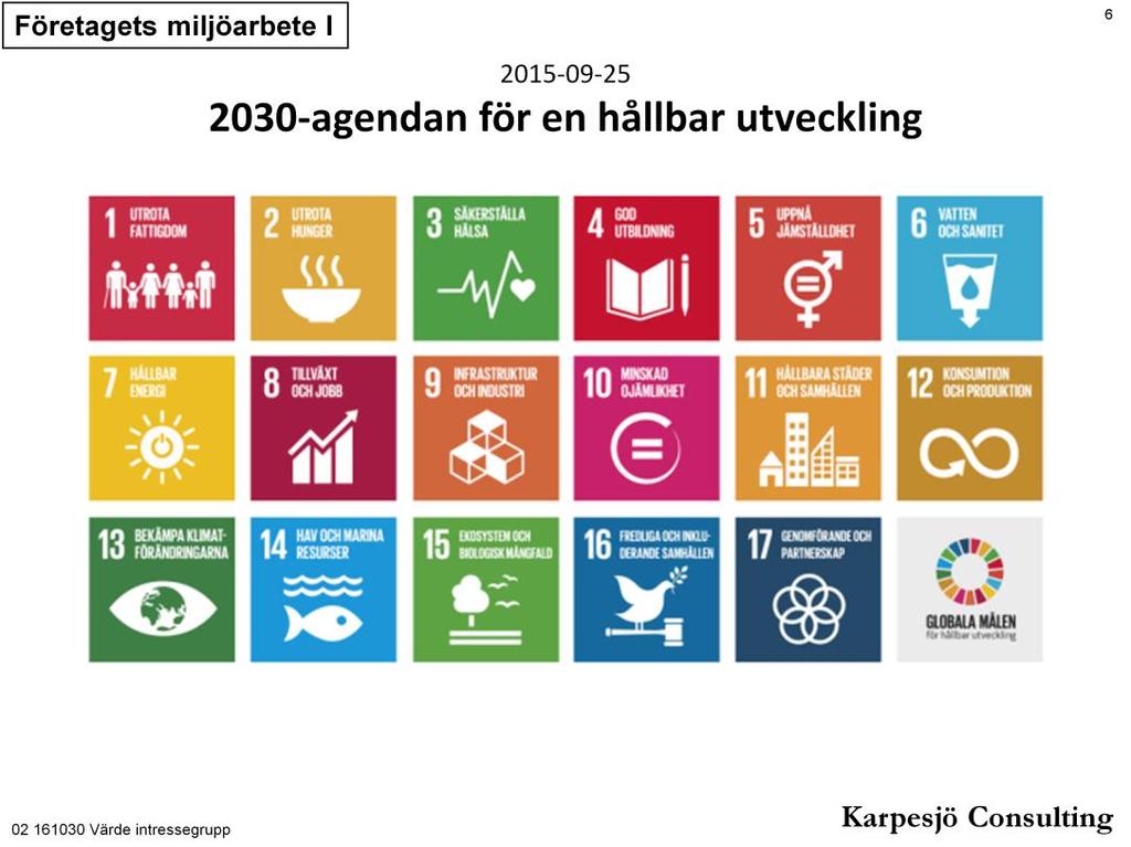Globala mål för hållbar utveckling Vid FN:s toppmöte den 25 september 2015 antog världens stats- och regeringschefer 17 globala mål och Agenda 2030 för hållbar utveckling.