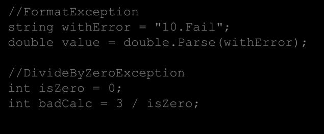 Hantera undantag Inträffar ett exception kommer Visual Studio stanna debuggern och visa ett felmeddelande Alla undantag härstammar från Exceptionklassen //FormatException