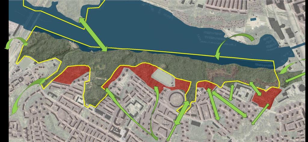 2 En annan bild i presentationen med ringar i olika färger samt pilar ska enligt projektledaren ha visat de större områden som har utgått, större områden som är flacka och ligger i reservatet samt de