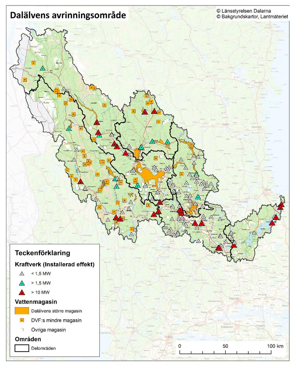 Figur 1. Dalälvens vattenkraftverk och vattenregleringsmagasin. Dalälvens reglernytta har i rapport 2017:03 värderas med utgångspunkt från följande fem olika perspektiv: 1.