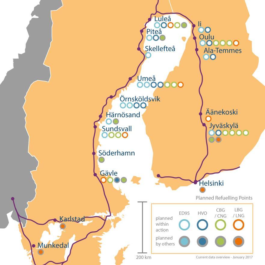 Bothnia Green Fuels - application Multi-green fuel stations in 13 municipalities Test-fleet of 100 Heavy duty vehicles (HDV) using CNG/LNG and ED95 Study Public