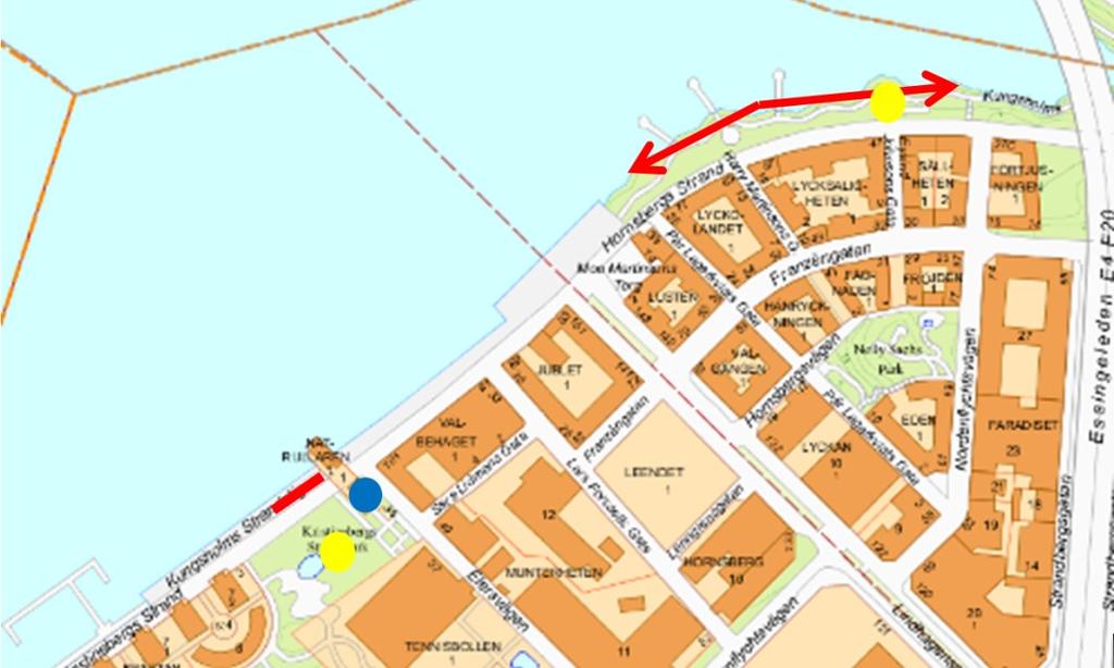 Föreslagen sträcka för bryggbad röd linje. Allmän toalett blå prick.