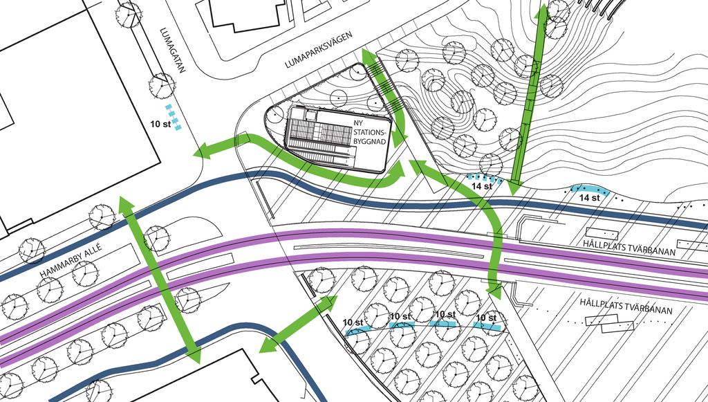 Trafik - Rörelsemönster Luma Gång En tunnelbanestation i Hammarby sjöstad kommer att öka andelen resenärer med kollektivtrafik vilket gör att antalet gående i och kring Lumaparken ökar.