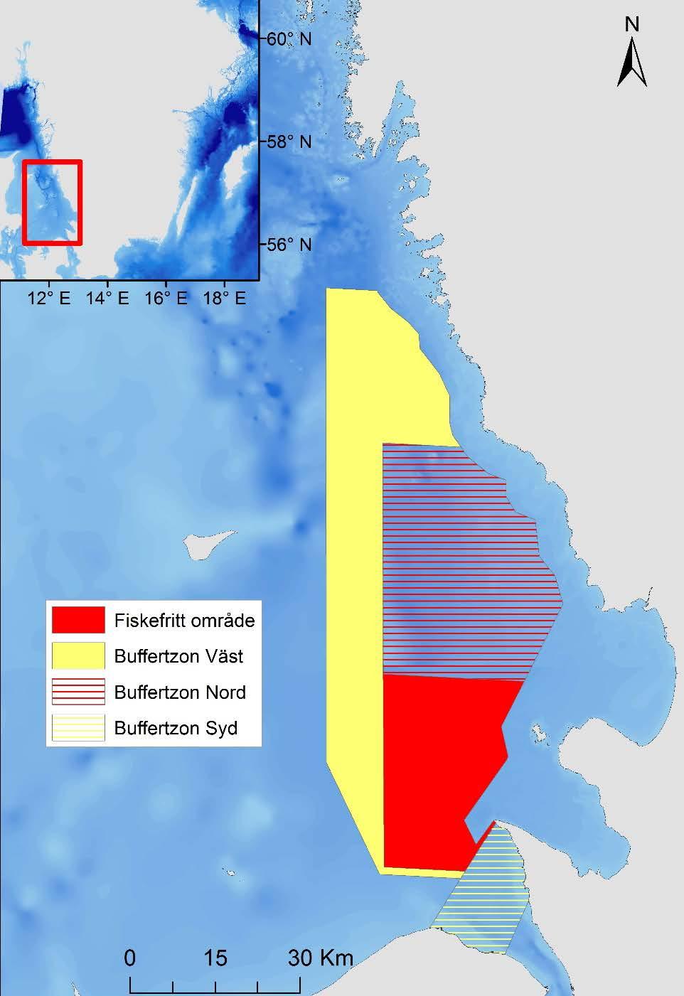 Figur 1. Kartbild över fredningsområdet i södra Kattegatt. Det röda området är fiskefritt område (FFO) med permanent fiskeförbud.