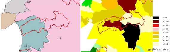 Figur 8. Utlakningsregionernas utbredning samt andelen stallgödslad areal beräknat utifrån församlingsdata för djurtäthet för TRK-område 98-019.