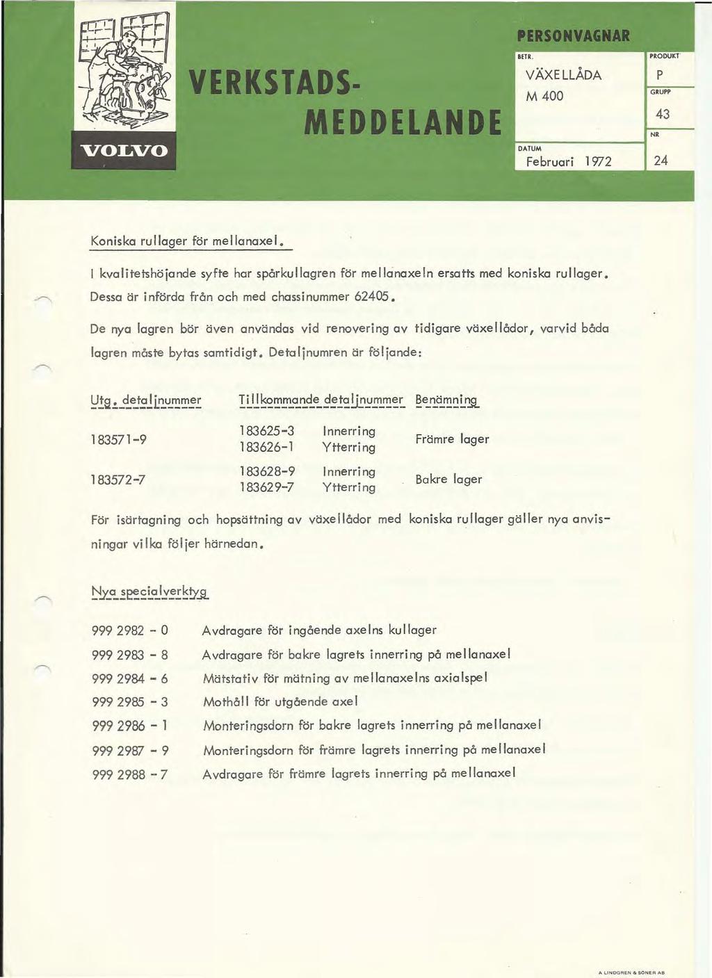 VERKSTADS MEDDELANDE ~ VÄXELLÅDA M 400 ~ N' p DATUM Februari 1'172 24 Koniska rullager för mellanaxel. kvalitetshöjande syfte har spårkullagren för mellcinaxeln ersatts med koniska rullager.