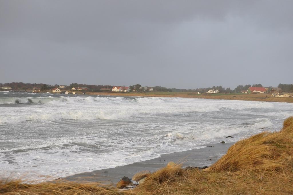 Vågorna bryter en bit ut på en långgrund strand, och når högre upp på stranden än vanligtvis.