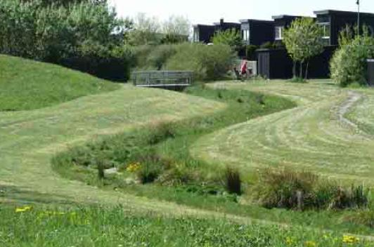 Augustenborg, Malmö. Dagvattendamm med permanent vattenyta och flacka slänter.