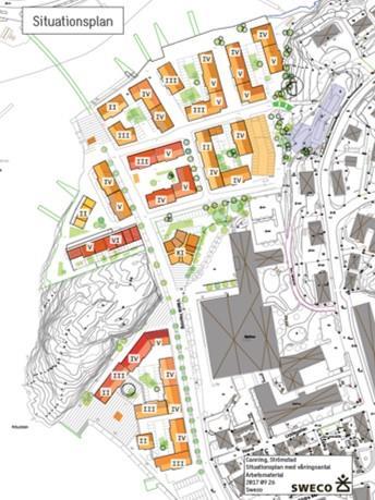 Planområdet har påförts en bostadsbebyggelse med olika våningshöjd och är placerade med mycket korta avstånd mellan husgrupperna.