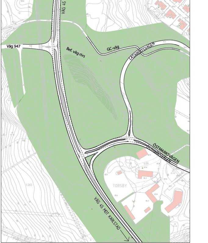 8 (26) Förstudie väg E16/E45 Korsningar i Torsby 2012 gjordes en förstudie för två korsningar i Torsby tätort, Bergebykorset och Östmarkskorset (korsningen väg 947 (Östmarksvägen)/E16/E45).