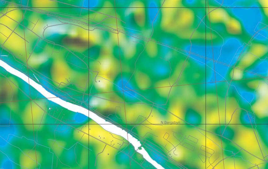 Som underlag har SGUs geofysiska urankarta använts, vilken är en flygburen gammaspektrometrisk mätning. Kartan ger en generell bild av uranhaltens fördelning i jord och berg, se figur 2.