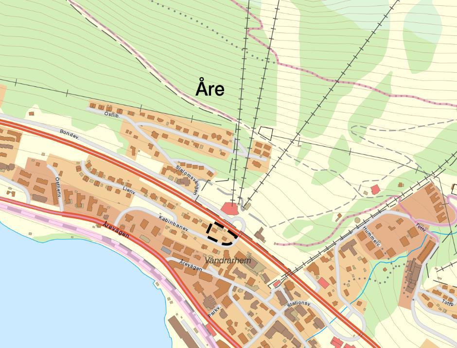 Figur 6.1. Det undersökta områdets placering i Åre markerat med svartstreckad linje. Karta från Eniro 6.