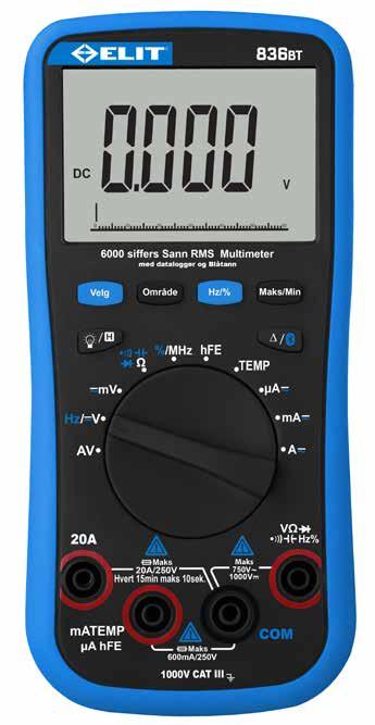 Flera multimetrar kan kopplas mot en mobilenhet samtidigt. Instrumentet mäter bl.a. AC/DC spänning, ström, resistans, frekvens och temperatur. EN61010-1 kat III, 1000 V.