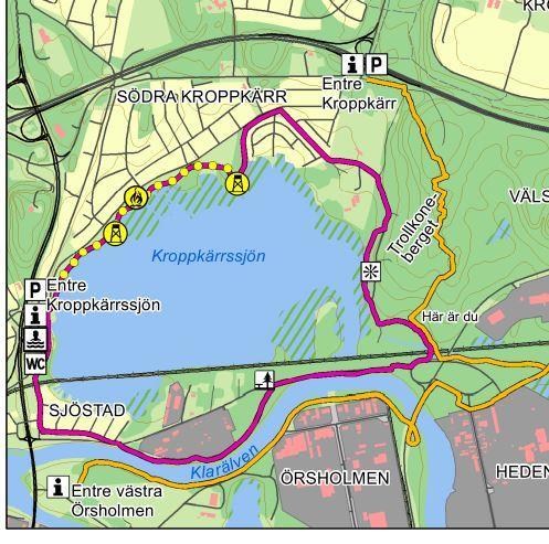 Figur 10. Karta från Karlstad kommuns hemsida som visar Kroppkärrsledens sträckning (lila linje) och de anläggningar som finns vid sjön. Gul linje visar Frödingleden.