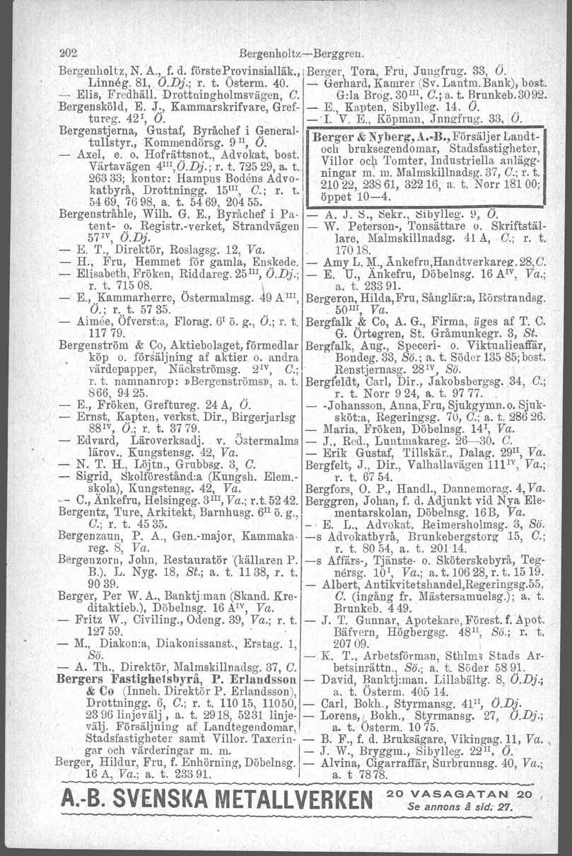 202 Bergenholtz-e-Berggreu Bergenholtz, N A, f d förste'provinsialläk, : Berger Tora, Fru, Jungfrug 33, O Linneg 81, (JDj;r t Osterm 40 - Gerhard, Kamrer (Sv Lantm Bank), bost - Elis, Fredhäll