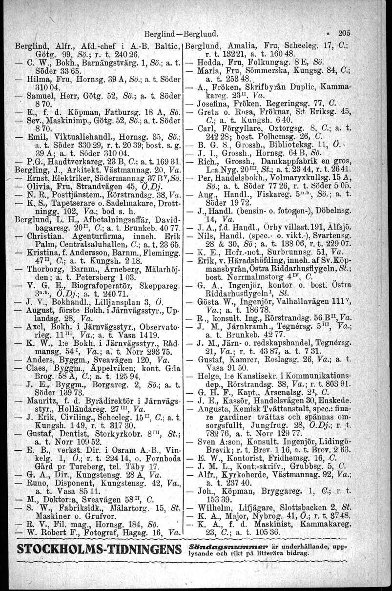 ,, f,- Berglind-Berglund 205 Berglin~, Alfr, Afd:-chef i A-B Baltic, Berglund, Amalia, Fru, Scheeleg 17,' G; Gotg 99, So; r t 24026 r t13221, a t 16048 "!