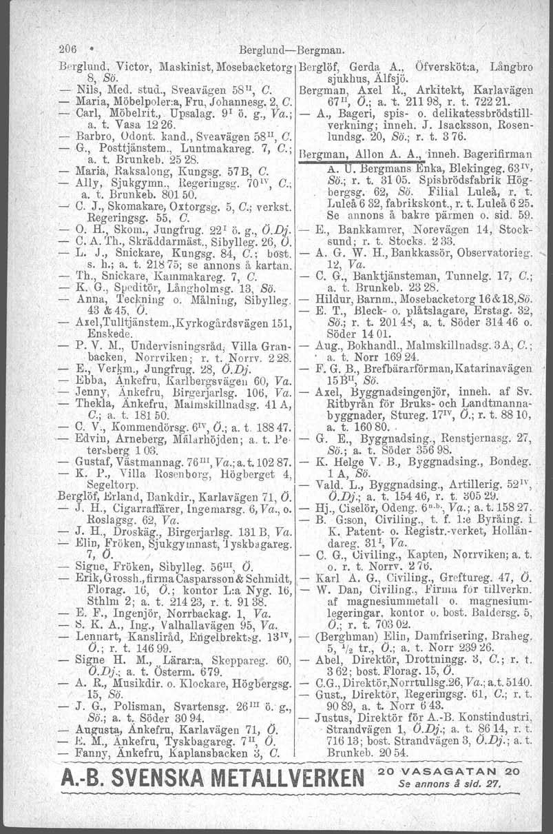 / 206 Berglund-Bergman Berglund Victor, Maskinist, Mosebacketorg Berglöf, Gerda A, Öfversköta, Långbro S, so sjukhus, Alfsjö - Nils, Med stud, Sveavägen 5S II, C Bergman, Axel K, Arkitekt, Karlavägen