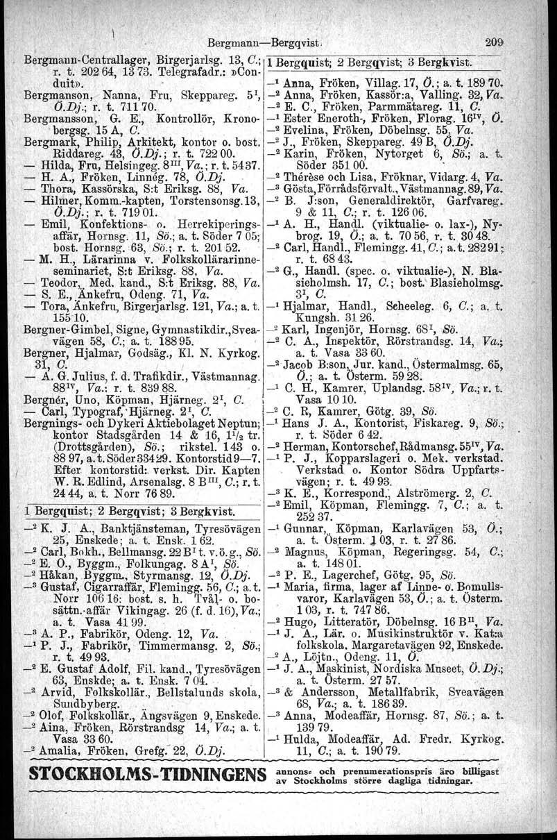 , Bergmann-c-Bergqvlst, \ '209, l ',,\ B,ergma,nn-Centrallager, Birgerjarlsg 13, G; IlBergquist; 2 Bergqvist; 3 Bergkvist r t 20264, 1373 Telegrafadr:»Oon- ', duit», " _1 Anna, Fröken, Vill ag 17, O;