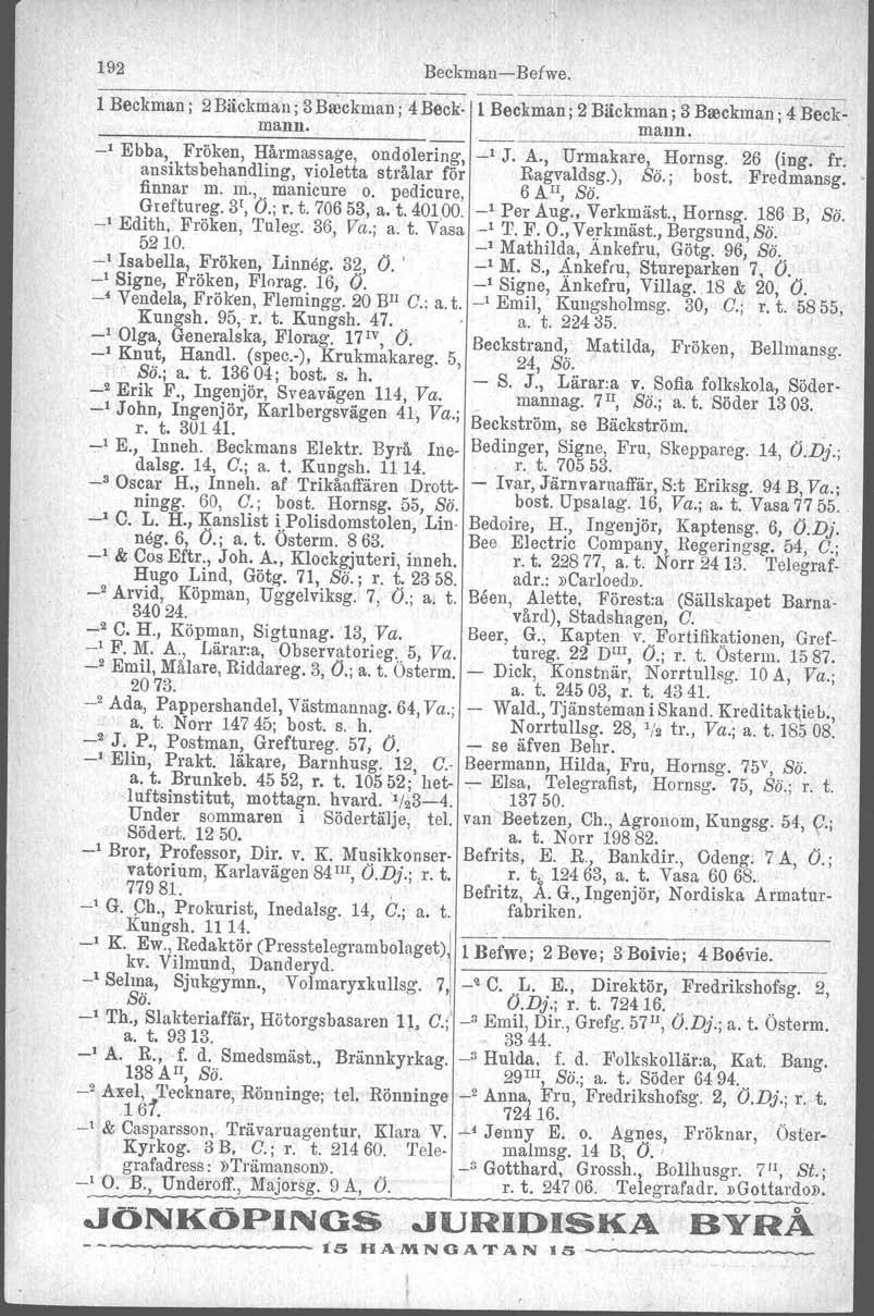 192 1 Beckman ; 2 Bäckman, 3 Bseekman: 4 Beck mann, _1 Ebba, Fröken, Hårmassage, ondolering, ansiktsbehandling, violetta strålar för finnar m m, rnanieurs o pedicure, Greftureg 3r, O; r t 706 53, a t