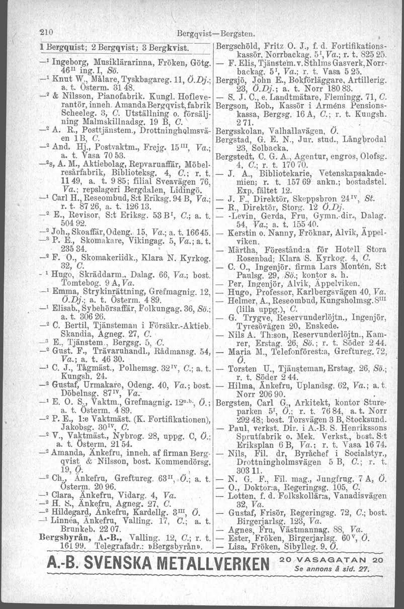 \ 210 Bergqvist-Bergsten l Bergquist; 2 Bergqvist, 3 Bergkvist Bergschöl~, Fritz O J, f} Fortifikation~- ------------~---- kassör, Norrbackag 5, Va; r t 8252D _, Ingeborg, Musiklärarinna, Fröken,