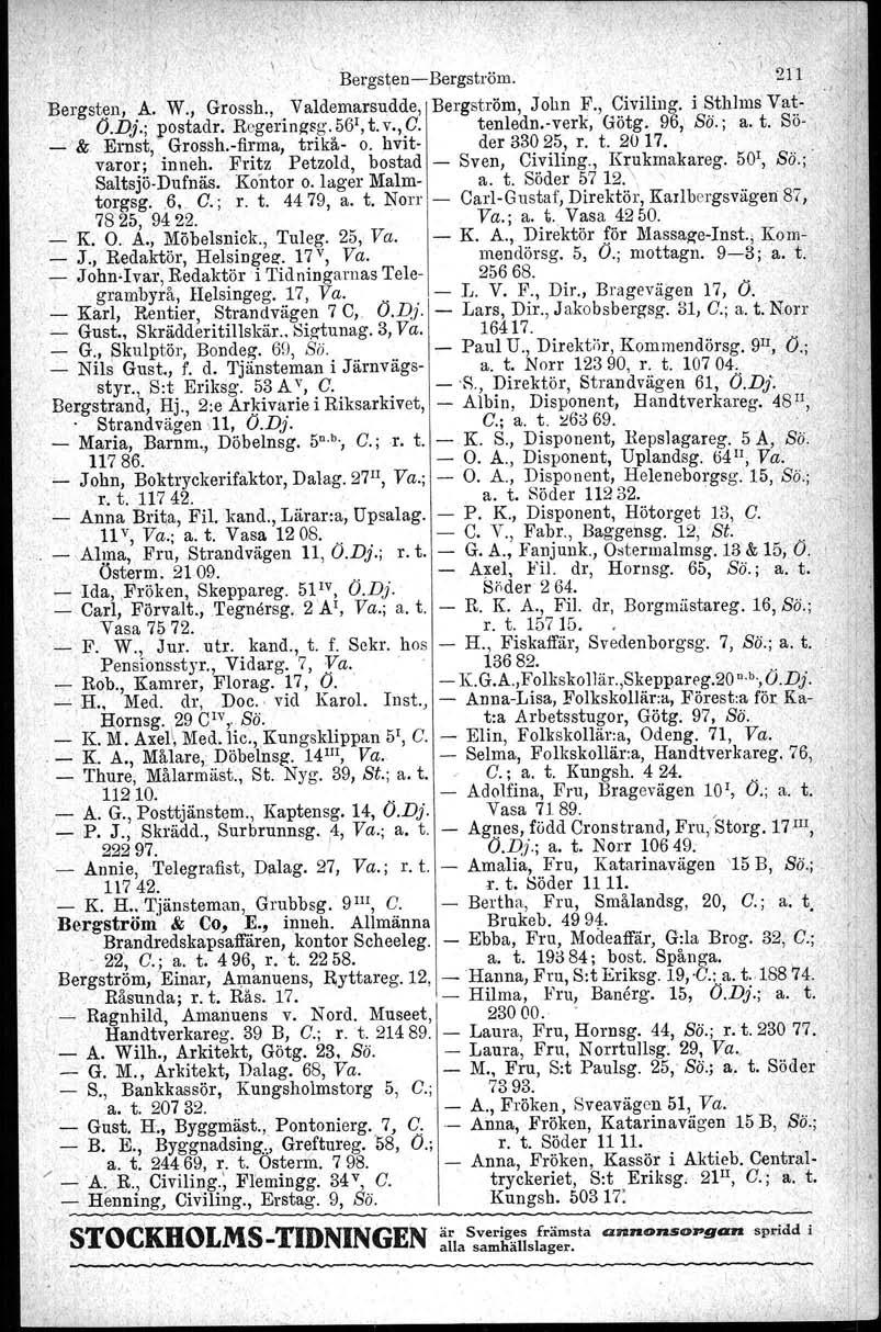 \", _ "'i l'''' Bergsten-Bergström \,~ 211 Bergsten, A W, Grossh, Valdemarsudde, Bergström, Jolm F, Civiling i SthlmsVat- ' ODj; ~ostadr Rcgering~g561,tv,0 tenledn-verk, Götg 96, Sö; a t Sö- _ &
