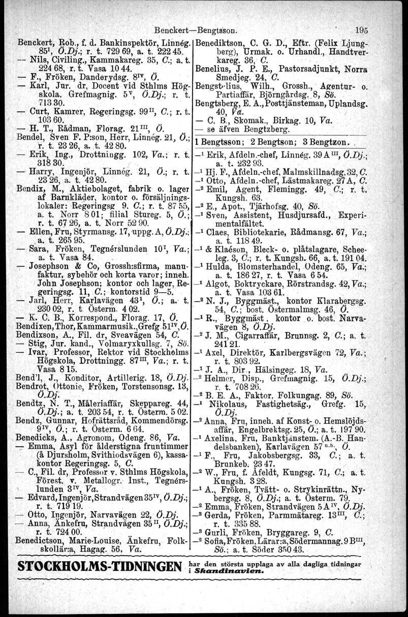 ~ Be~ckert-Bengts son 195 -, Benekert, Rob f d Bankinspektör,' Linneg Benediktson C G D;' Eftr (Felix Ljung- 85 1, OD}; r t 72969, a t 22245 berg), Urmak o Urhandl, Handtver- -- Nils, Civiling,