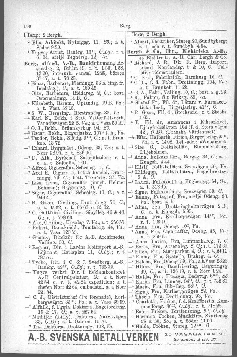 198 Berg l Berg; 2 Bergh,,-~---=--"=--~-------- =-I--=B::e,:rsg,~ -=2--=B::e:::r-=g=h=-- _ -~ Elis, Arkitekt, Nytorgsg 11, So; a t -~ Albert, Elektriker,Stureg:23,Sundbyberg; Söder 930 a t och r t
