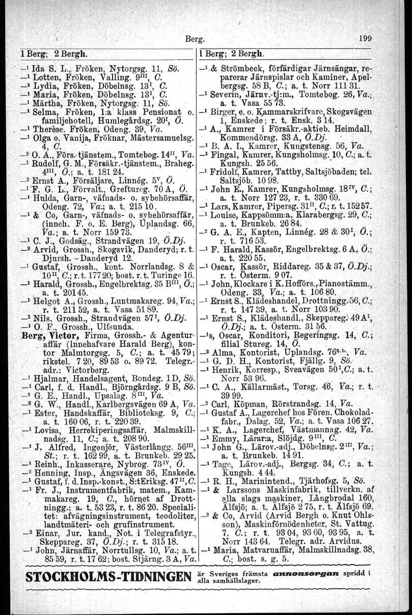 " \ Berg 199 l Berg; 2 Bergh, _1_B_er~g_;_2_B_e_r_g_h_ ~ _ " _1 Ida 'S: L;, Fröken, Nytorgsg 11, BÖ _1& Strömbeck, förfärdigar Järnsängar, re- _1 Lotten, Fröken, Valling 9 l1i, G parerar Järnspislar