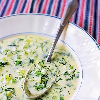 Ca 25 minuter Ingredienser: 2 liter färsk späd kirskål (ca 400 g)eller 5 dl förvälld, hackad spenat eller 3 salladslökar förvällda späda nässlor 1 liter vatten 2 buljongtärningar (grönsaks)eller 3