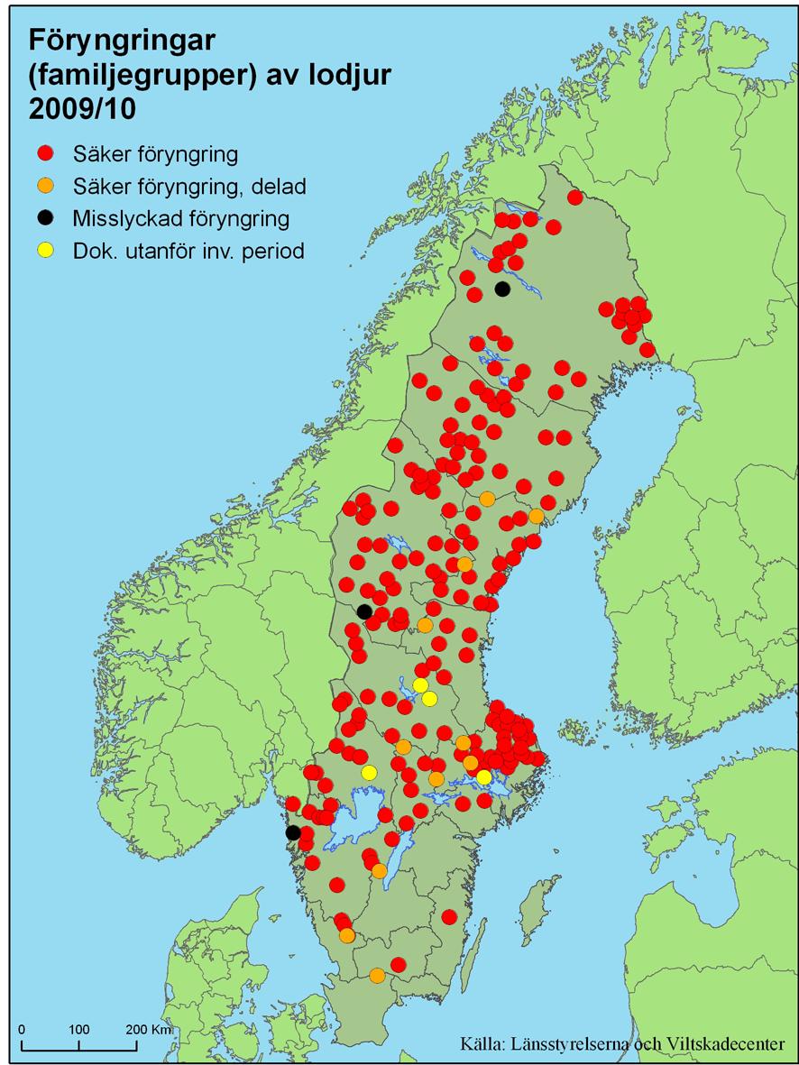 Figurer Figur 1. Föryngringar av lodjur som dokumenterats i Sverige under inventeringsperioden 2009/10 och som registrerats i databasen Rovdjursforum.