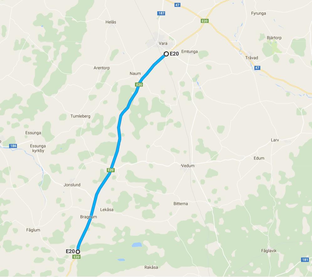 Figur 1. Berörd sträcka av E20 mellan Ribbingsberg-Vara, den lokala hastighetsbegränsningen vid Motell Motoristen markeras med rött på kartan. Källa: Google maps.