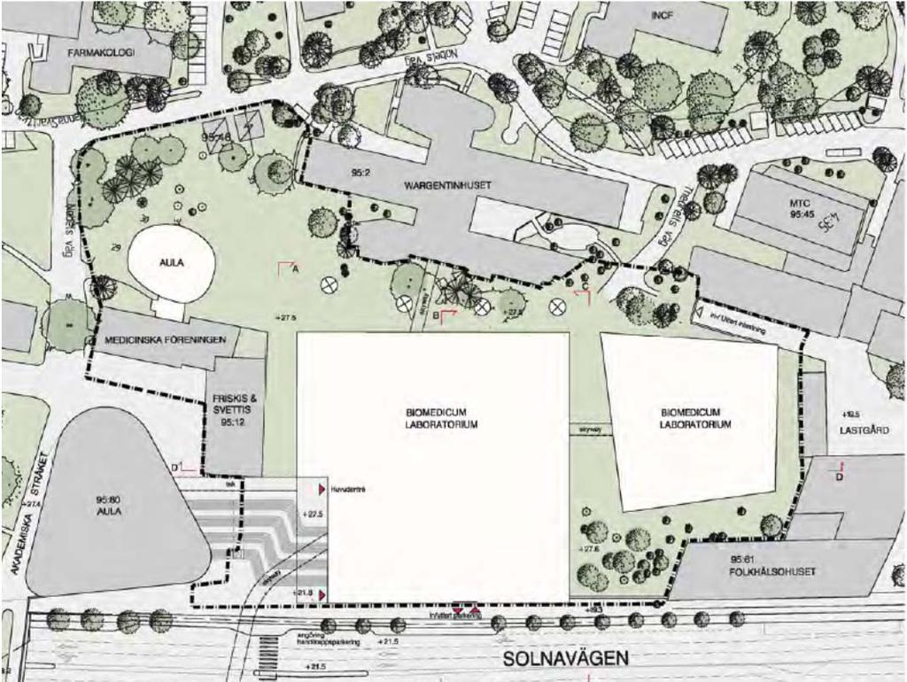 8 (27) Biomedicum består av två byggnadskroppar på sammanlagt ca 85 000 m 2 BTA som kopplas samman via länkar i flera plan.