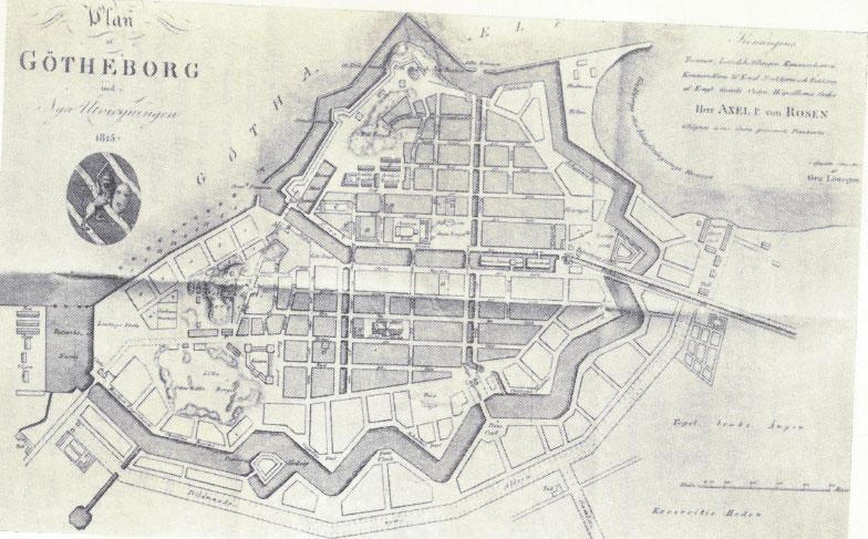 Figur 1. Karta över Göteborg 1815. I nordost syns Hultmans Holme och öster om denna det ännu inte utfyllda Gullbergsvassområdet.