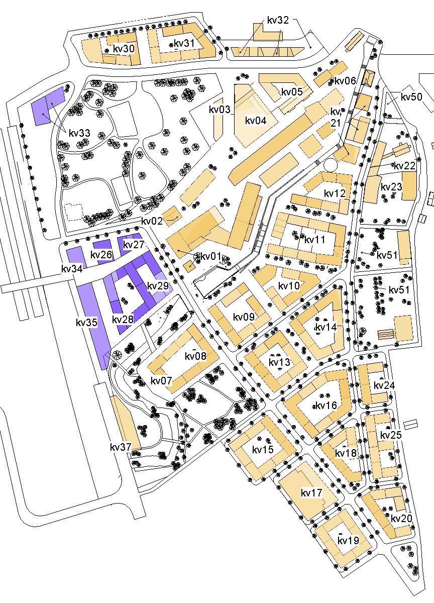2 1. Planerad bebyggelse Den planerade bebyggelsen i Forsåker visas i Figur 1. Byggnader som är markerade i gult avser detaljplan 1 och de blå avser detaljplan 2.
